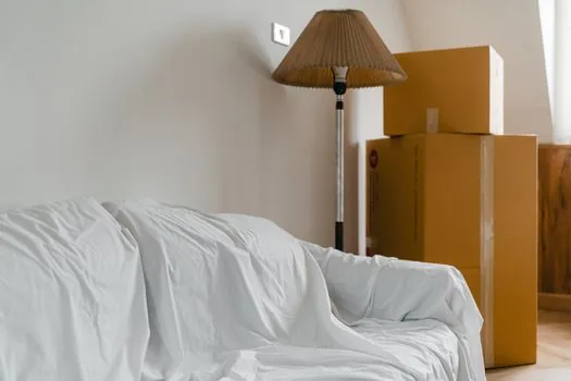Korean apartment living room with moving boxes, children's travel bags, Bali map, warm morning light | 발리 이주를 준비하며 짐을 정리하는 장면