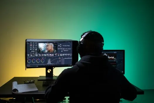 Korean broadcasting station editing room with drama footage timeline on monitors, producers reviewing schedule, realistic newsroom lighting