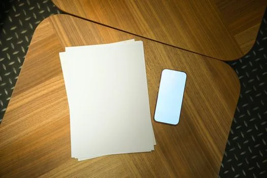 Korean user checking submission destination search and six-digit viewing number on smartphone, official document envelope nearby, realistic bright desk photo
