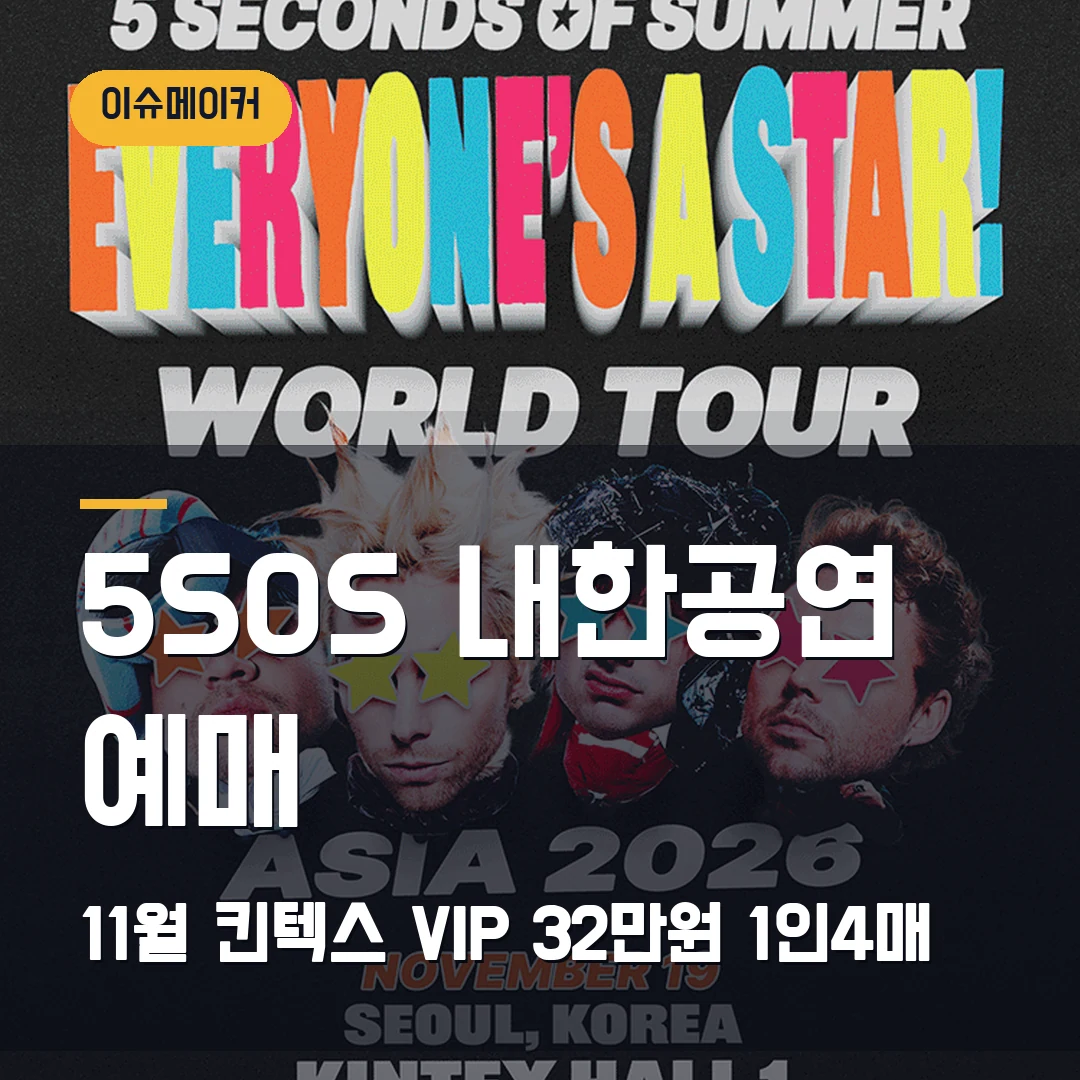 5SOS 내한공연 예매 11월 킨텍스·VIP 32만원·1인4매
