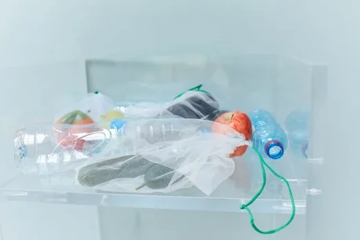 reusable blue volume-rate bag and food waste bag separated near apartment recycling area, Korean resident sorting household waste, clean morning light