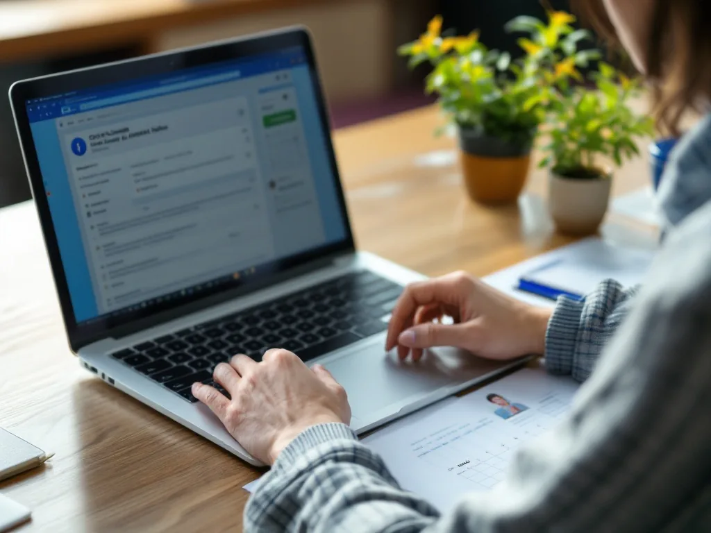 Korean adult checking online civil complaint status on a laptop, calendar and ID card on desk, realistic bright photo