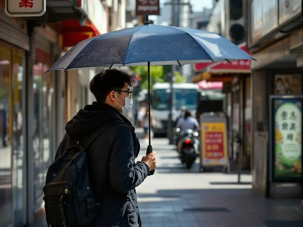 Korean adult walking under a sun umbrella on a hot urban sidewalk, clear shadow covering head and shoulders, realistic photo style