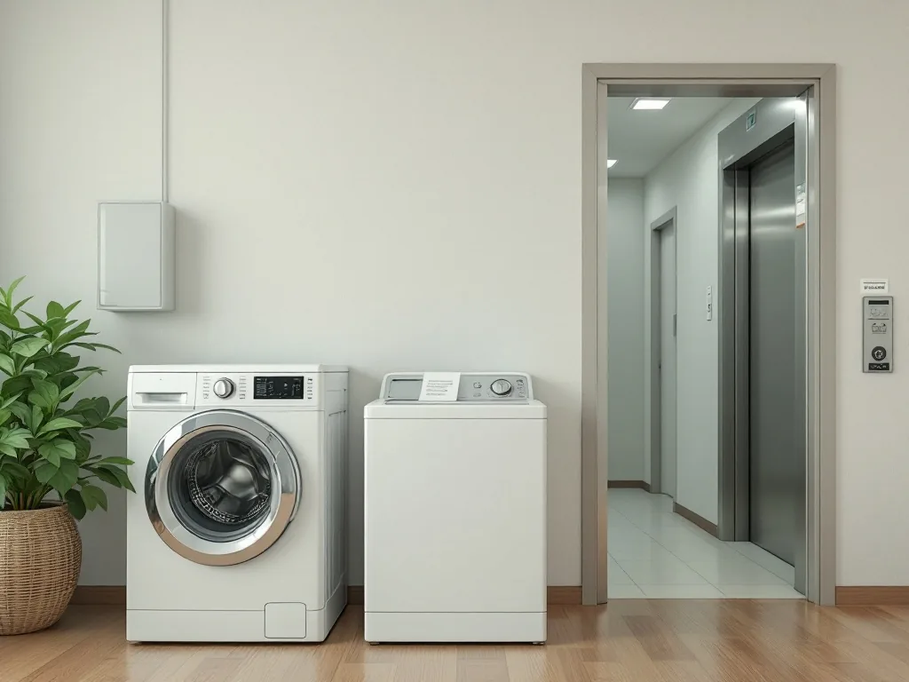 Korean apartment entrance with old washing machine ready for pickup, elevator hallway clear and reservation note attached | 폐가전 방문수거 당일 배출 장소 준비 | 공동현관과 엘리베이터 동선을 미리 비워두는 장면