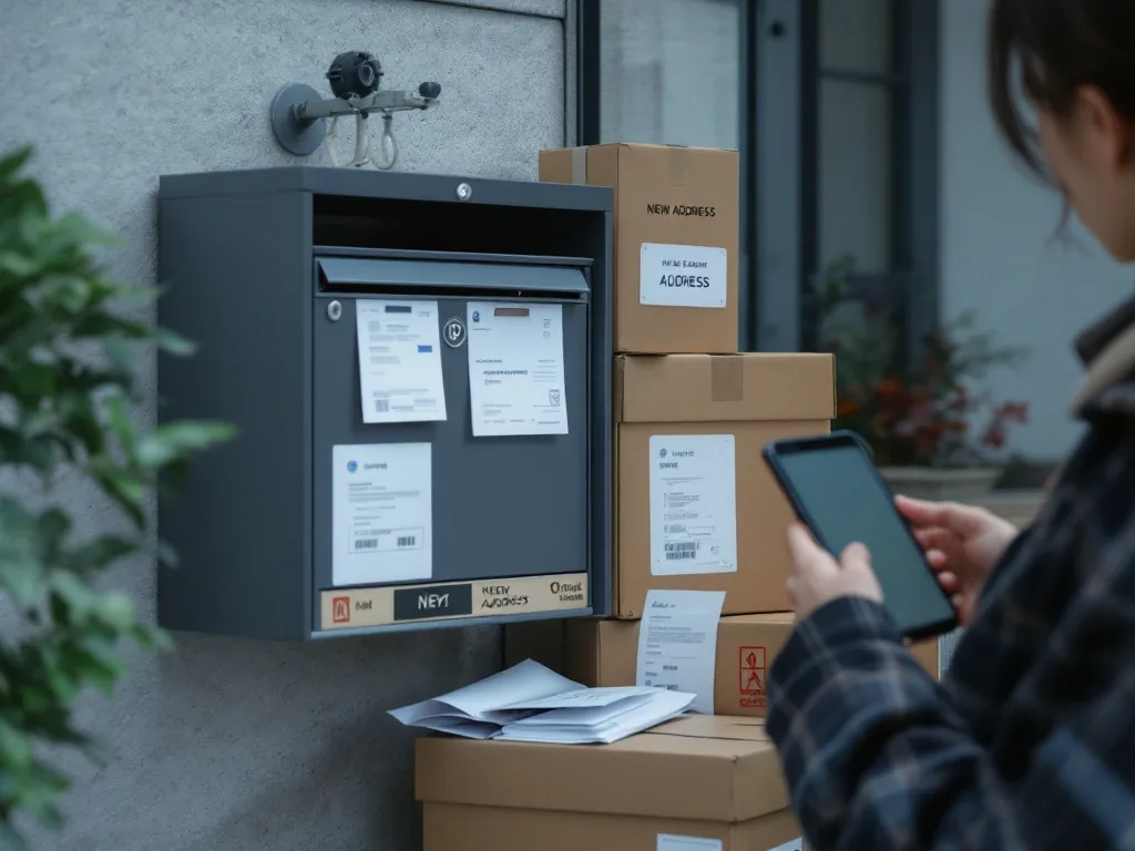 Korean apartment mailbox with several official letters and moving boxes nearby, resident checking new address note on smartphone | 이사 후 우편함과 이전 주소 고지서 확인 | 이사 직후 예전 주소 우편물이 남아 있는지 확인하는 장면