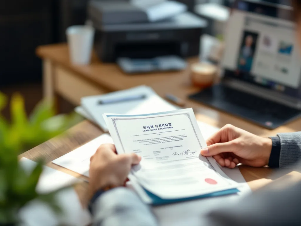 Korean citizen checking passport and government certificate on laptop at home desk, printer and document folder, bright realistic administrative photo