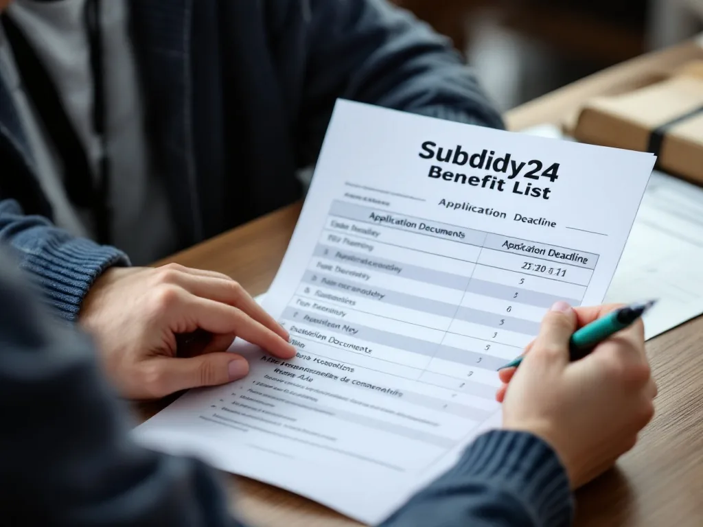 Korean citizen comparing subsidy24 benefit list with application deadline and required documents on paper, realistic editorial photo no text