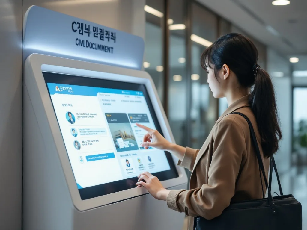 Korean citizen using touchscreen civil document kiosk inside local government office lobby, realistic documentary style, no readable text