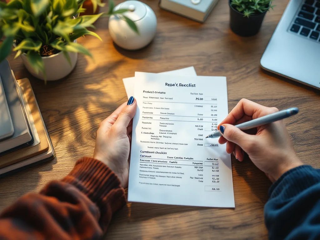 Korean consumer desk with receipt, product repair estimate, smartphone customer service chat and laptop complaint checklist, realistic photo, no readable text | 피해구제 신청 전 증빙서류를 정리하는 장면