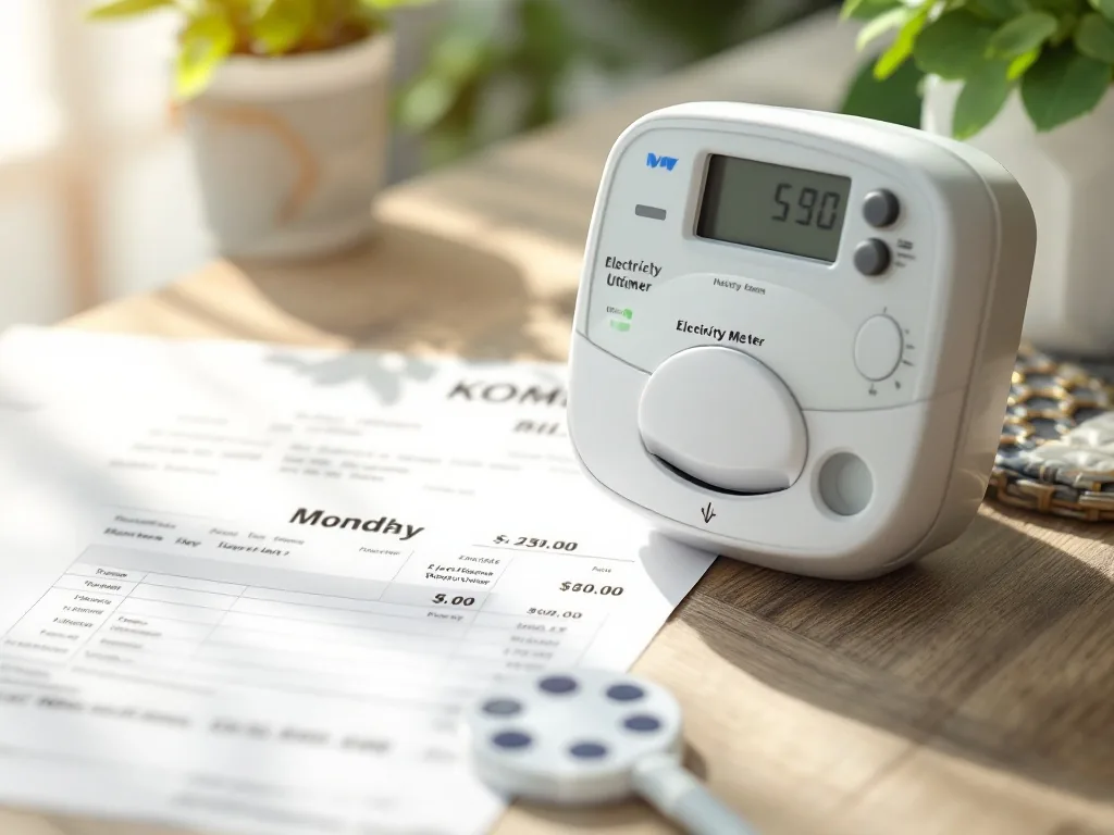 Korean electricity meter and monthly utility bill on table, summer home energy check, realistic editorial photo, no readable address or customer number