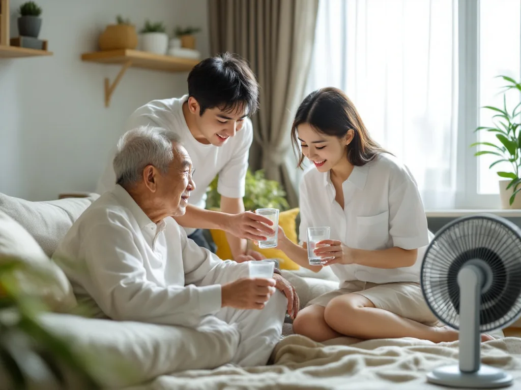 Korean family checking elderly parent hydration and room temperature during summer heat, water cup and fan nearby, realistic warm home photo
