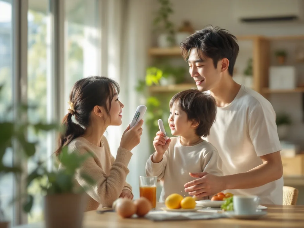 Korean family checking indoor thermometer and drinking water during summer heatwave at home, bright natural light, no close-up face