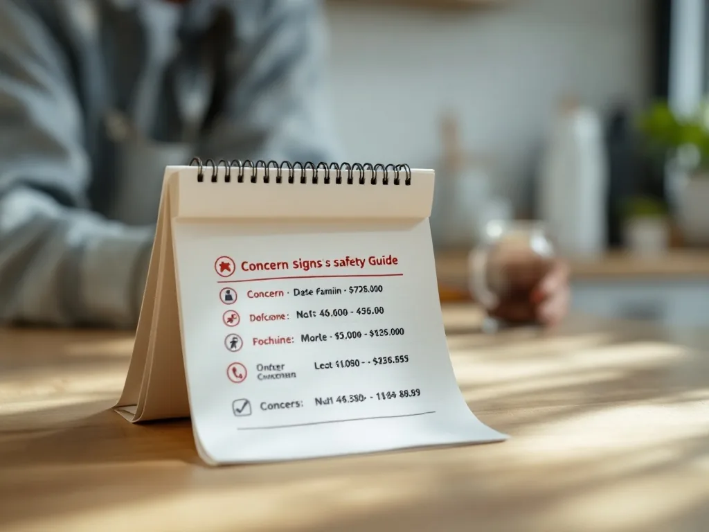 Korean family kitchen table with notebook listing concern signs and phone numbers, calm realistic safety guide photo
