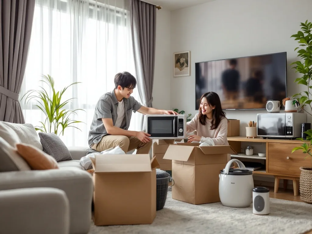 Korean family sorting old microwave, rice cooker, fan and small appliances in apartment living room before pickup reservation | 폐가전 무상방문수거 예약 전 품목과 수량 확인 | 소형 폐가전 5개 이상 조건을 확인하는 장면