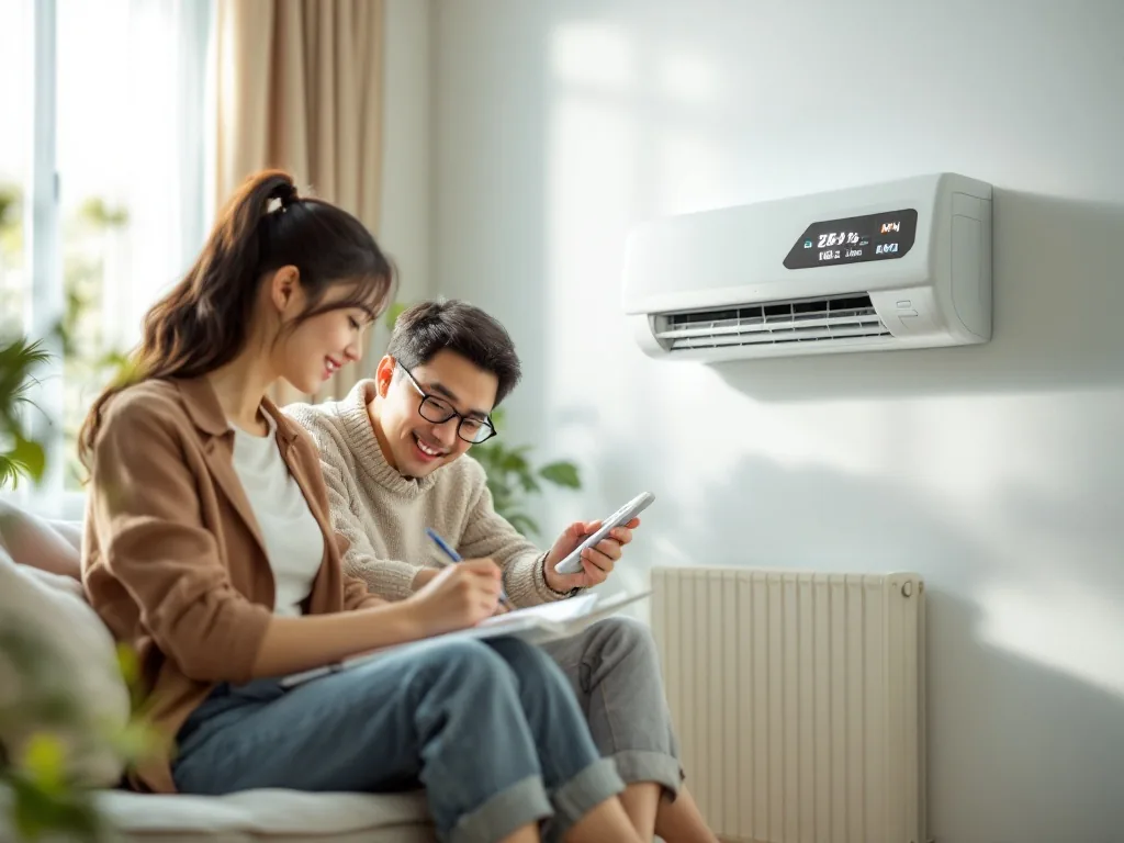 Korean family writing air conditioner usage hours and kWh targets on notebook beside remote control, bright summer apartment, realistic editorial photo
