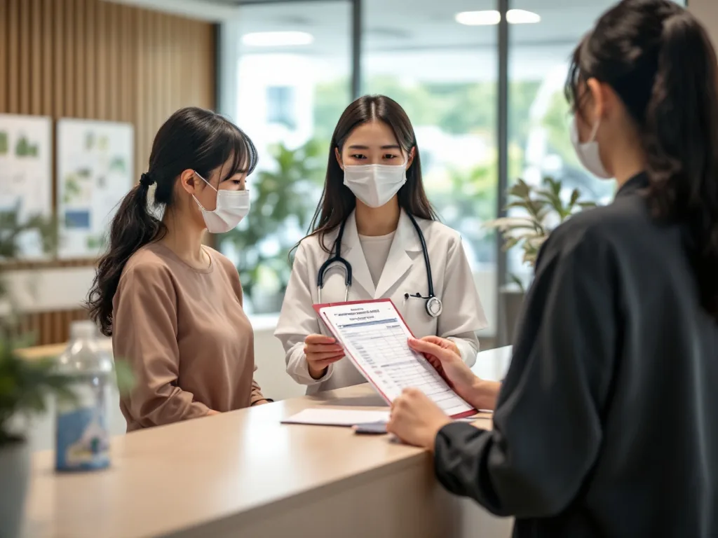 Korean health screening center reception with traveler passport and checklist, nurse explaining schedule, bright clean clinic interior, realistic editorial photo, no readable text