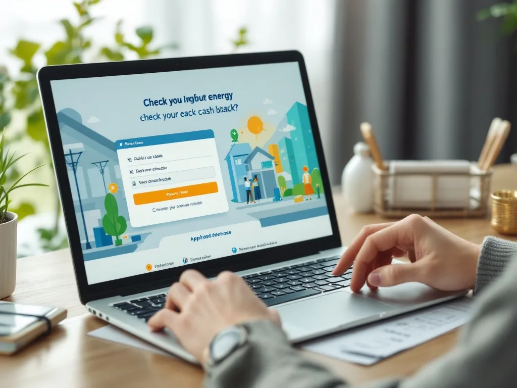 Korean household checking energy cashback application page on laptop with identity card and electricity bill nearby, realistic public service editorial photo