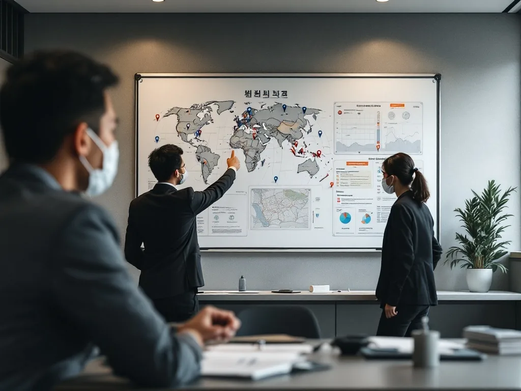 Korean investigation coordination room with documents map pins and neutral public safety briefing board, realistic editorial photo