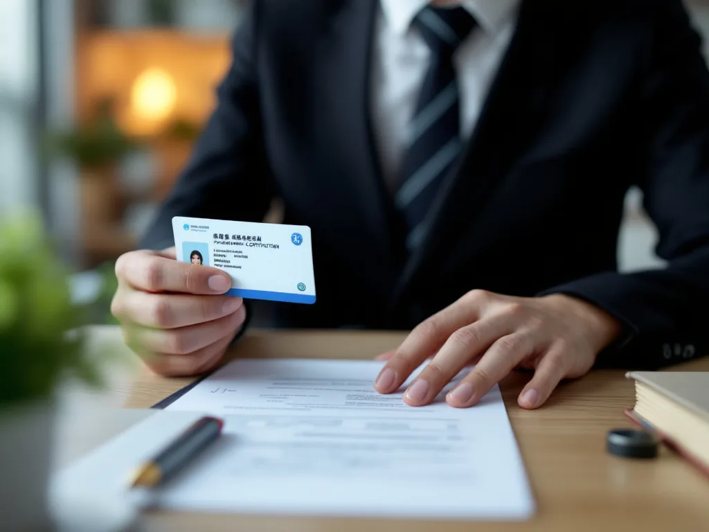 Korean job applicant preparing ID card, employment form and laptop authentication for criminal record certificate, clean office desk | 범죄경력회보서 발급 전 신분증과 채용 서류를 준비하는 장면 | 본인확인용과 취업제출용을 먼저 구분해야 합니다