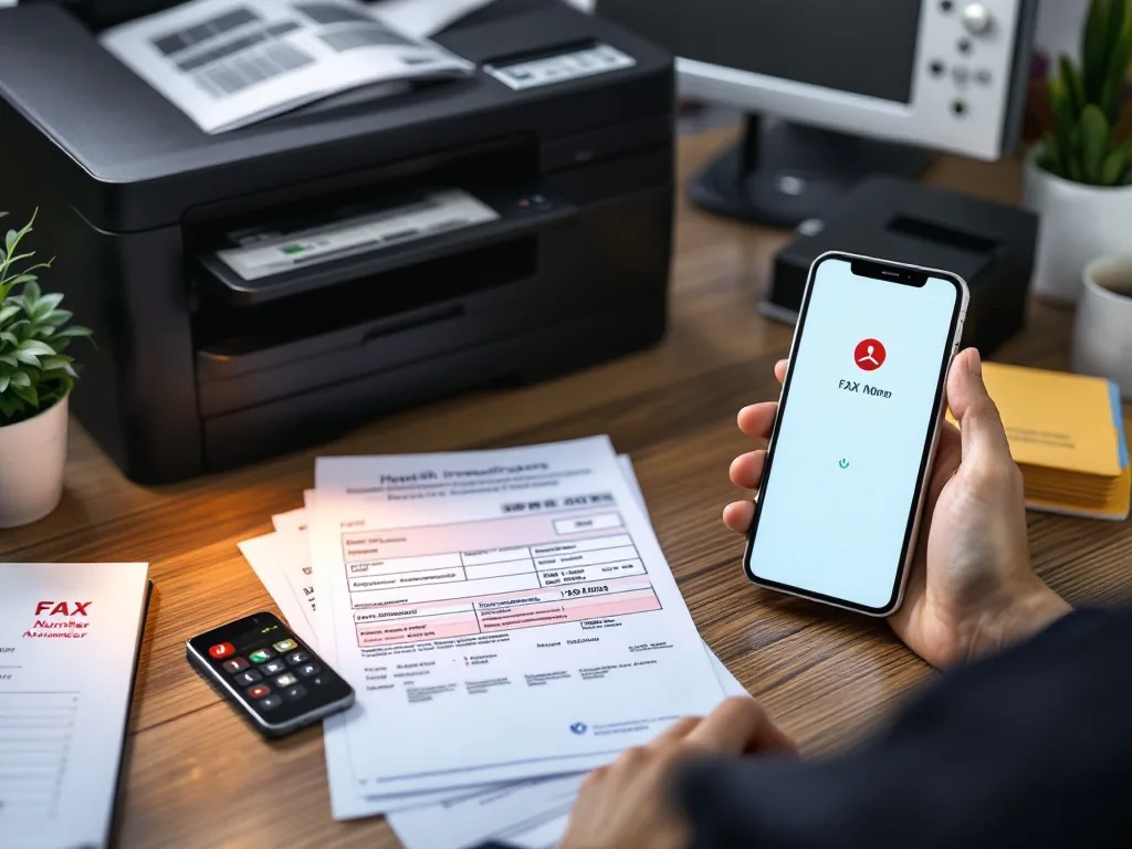 Korean office desk with health insurance payment certificate printout, printer, fax number memo and smartphone authentication screen | 건강보험료 납부확인서 출력과 팩스전송 준비 | 제출처가 종이 원본, PDF, 팩스 중 무엇을 요구하는지 먼저 확인하는 장면