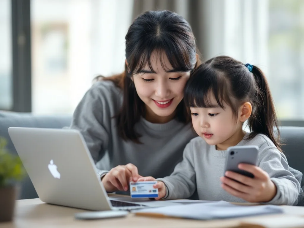 Korean parent and adult child checking government benefit consent screen on laptop with ID card and phone, realistic editorial photo no text