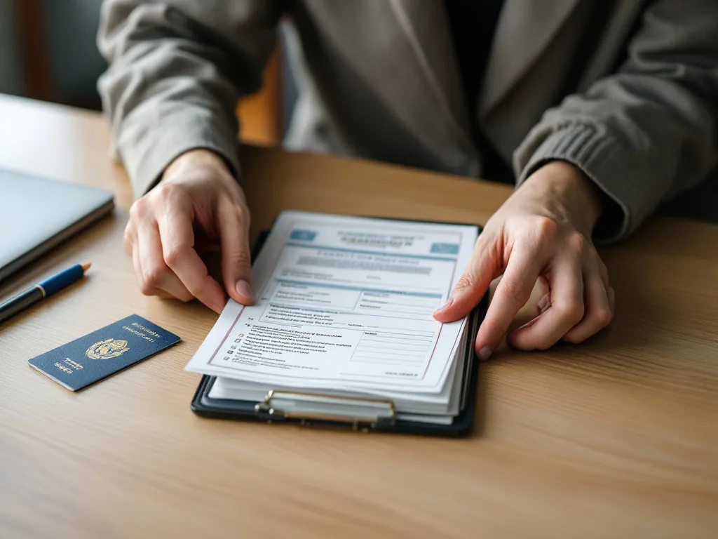 Korean parent organizing child passport, family relationship certificate and immigration record request on a desk | 자녀 출입국사실증명서 신청 전 가족 서류와 여권을 정리하는 장면 | 부모 대리신청은 자녀와의 관계 확인이 먼저입니다