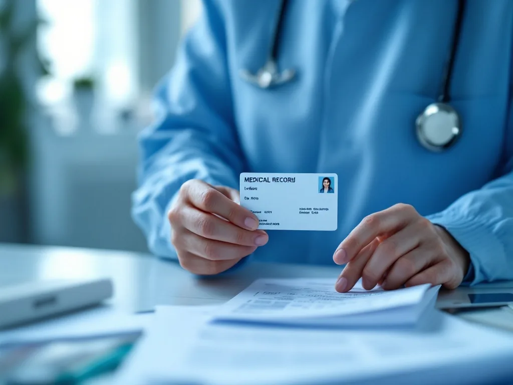 Korean patient showing ID card at hospital medical records copy desk, realistic documentary photo, no readable text