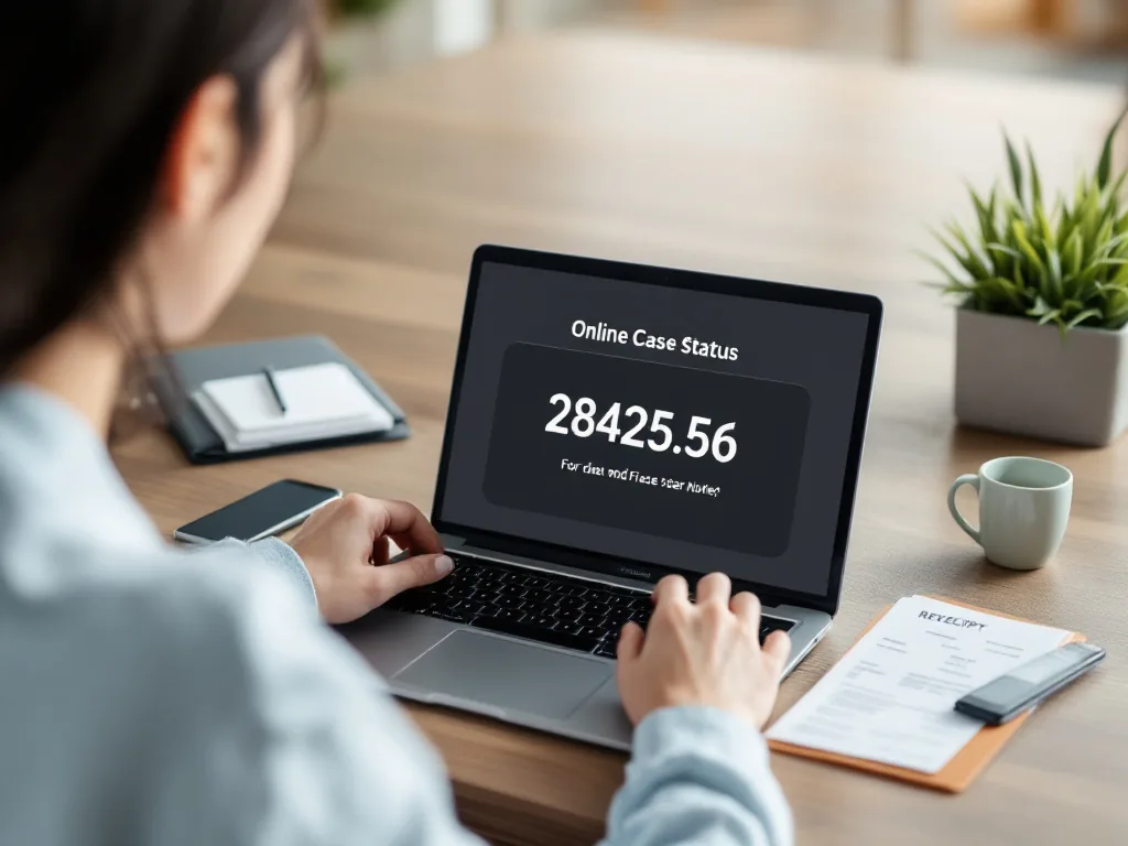 Korean person checking online case status number on laptop with receipt folder and phone nearby, realistic administrative desk, no readable text | 소비자24 피해구제 접수번호와 사건조회를 확인하는 장면