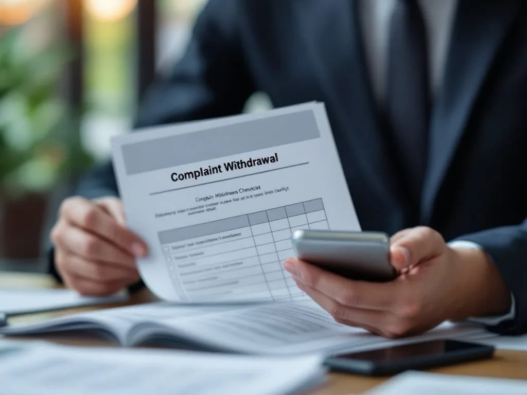 Korean person reviewing complaint withdrawal checklist with documents and smartphone, calm official paperwork scene, realistic photo