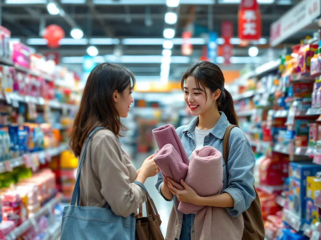Korean shopper comparing cooling towels and portable fans in a discount store aisle, summer heat essentials, realistic bright editorial photo