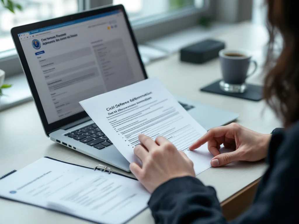 Korean traveler preparing civil defense deferment application documents, passport, laptop with government form style page, neat desk, no readable personal data | 해외 체류 민방위 유예·면제 신청 서류를 준비하는 장면