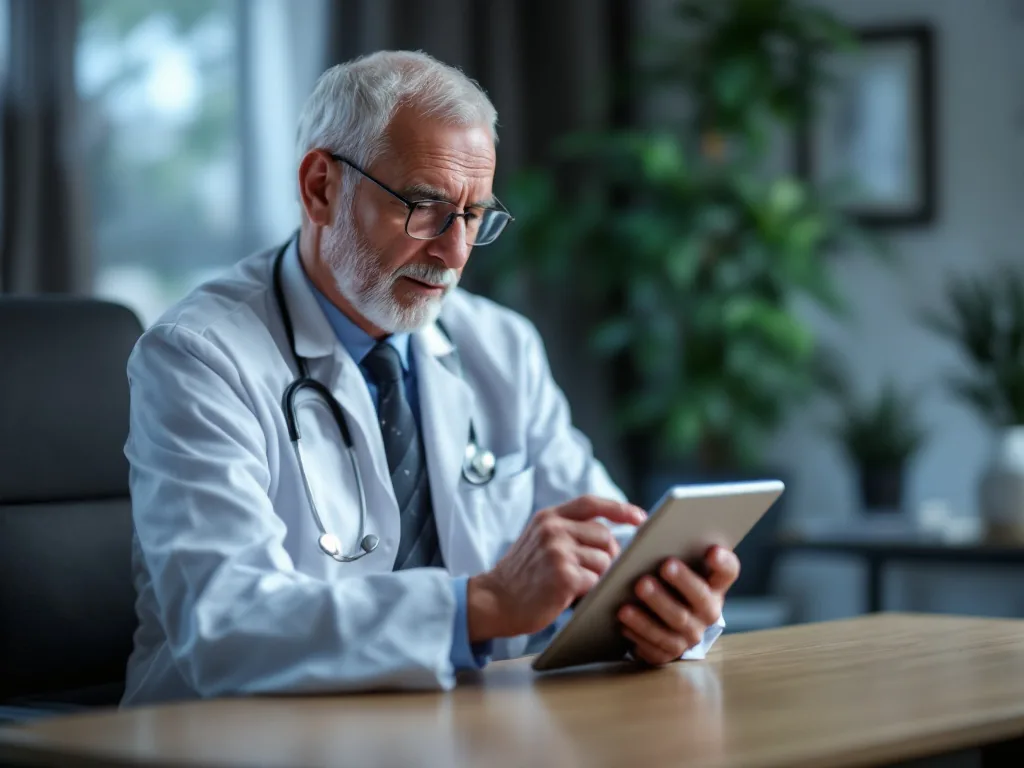 neurologist consultation with patient discussing hand tremor symptoms using a tablet, calm clinic room, no celebrity likeness, editorial photography, no text
