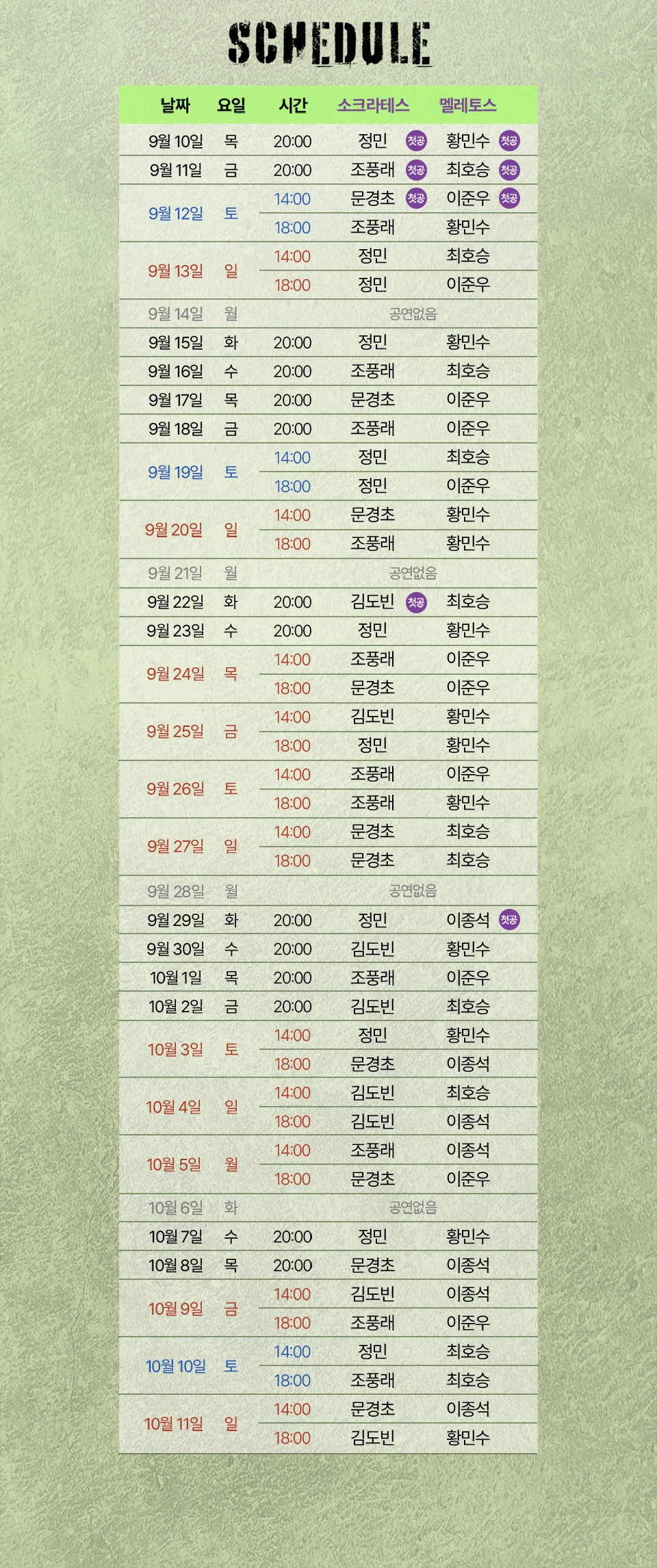 소크라테스 패러독스 1차 오픈 회차별 캐스팅 스케줄