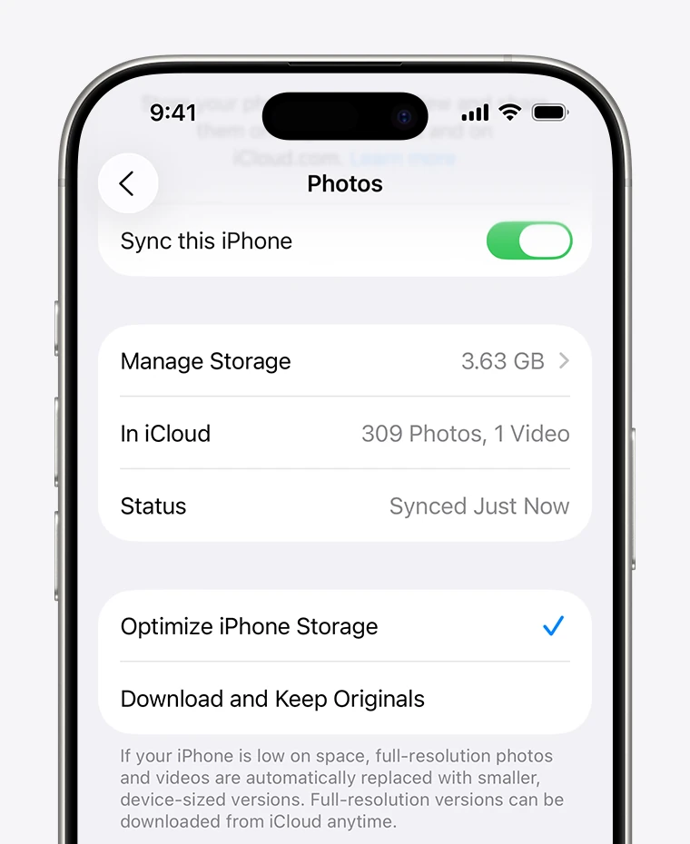 iCloud 사진 저장공간 최적화와 원본 다운로드 설정 화면