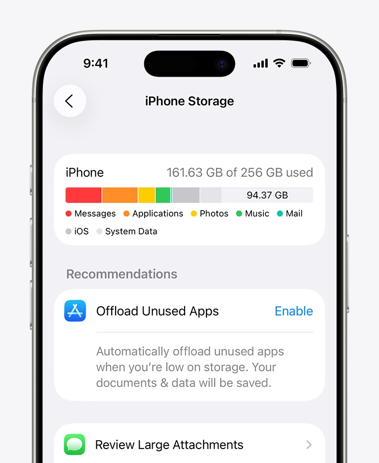 iPhone 저장공간에서 남은 용량을 확인하는 공식 화면