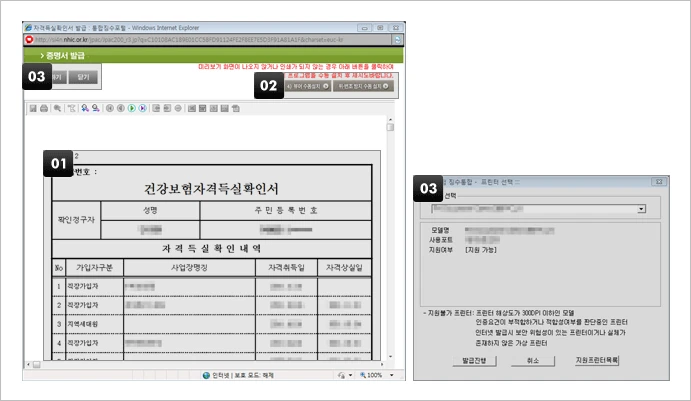 건강보험 자격득실확인서 프린트 발급 화면