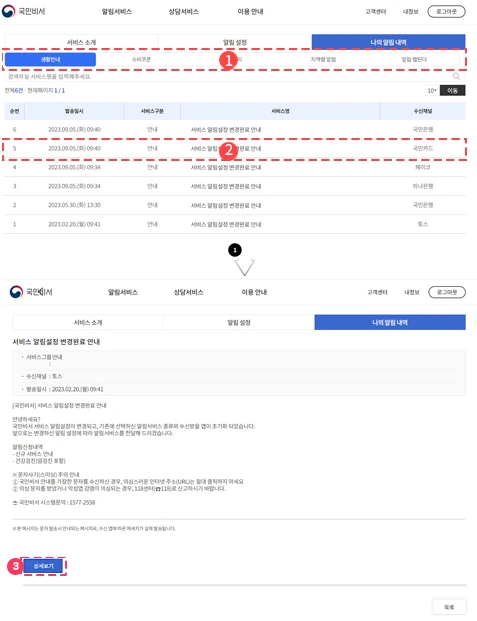 국민비서 나의 알림 내역 조회 화면