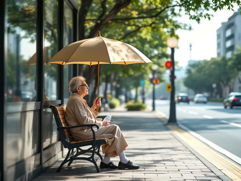 older Korean person waiting in shaded bus stop with a sun umbrella and water bottle during summer heat, respectful realistic photo, no close-up medical scene
