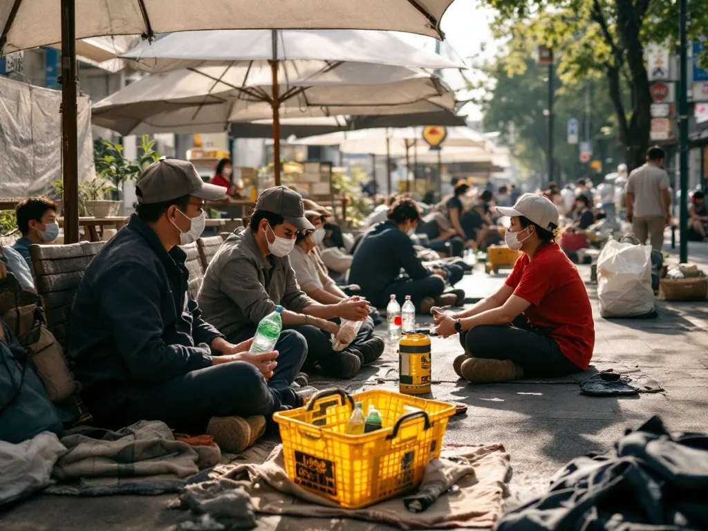 outdoor workers resting under shade with water bottles during Korean summer heatwave, wide editorial photo, no close-up face