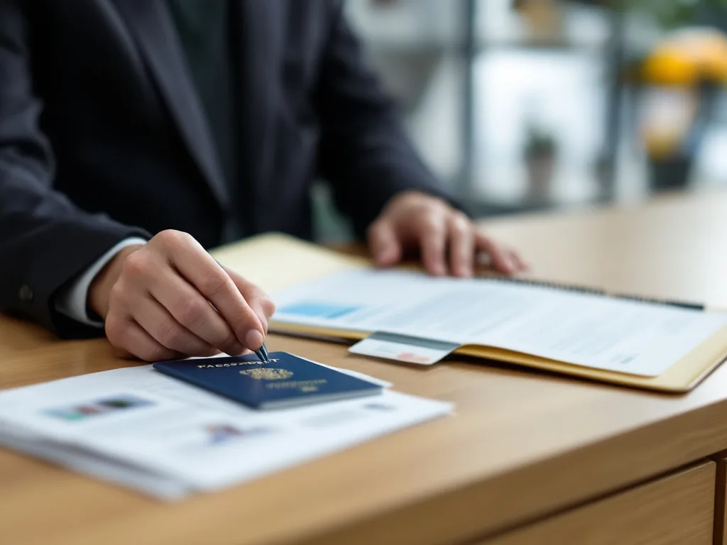 passport application counter with ID card, authorization form and family relationship document folder, Korean municipal office, privacy-safe realistic photo