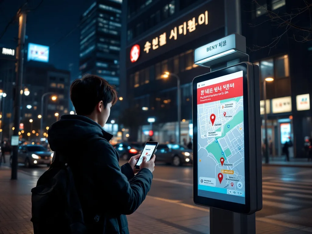 person checking public service kiosk location on smartphone map outside municipal building at night, realistic Korean urban scene, no logos
