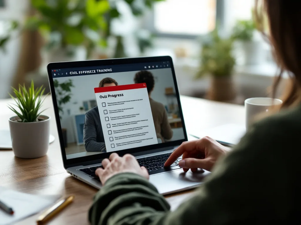 person watching online civil defense training video on laptop with progress checklist and quiz sheet, clean home office, realistic editorial photo | 민방위 사이버교육 영상 수강과 평가를 확인하는 장면