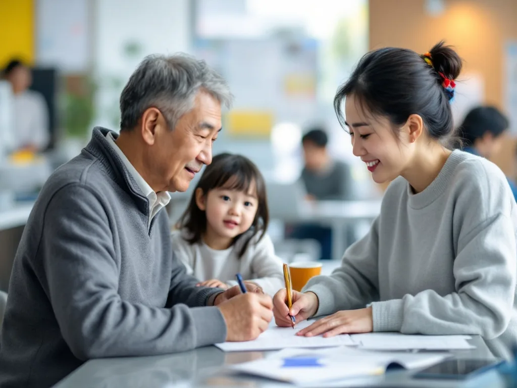 senior parent signing consent form at community service center with adult child waiting, realistic Korean public office photo no text