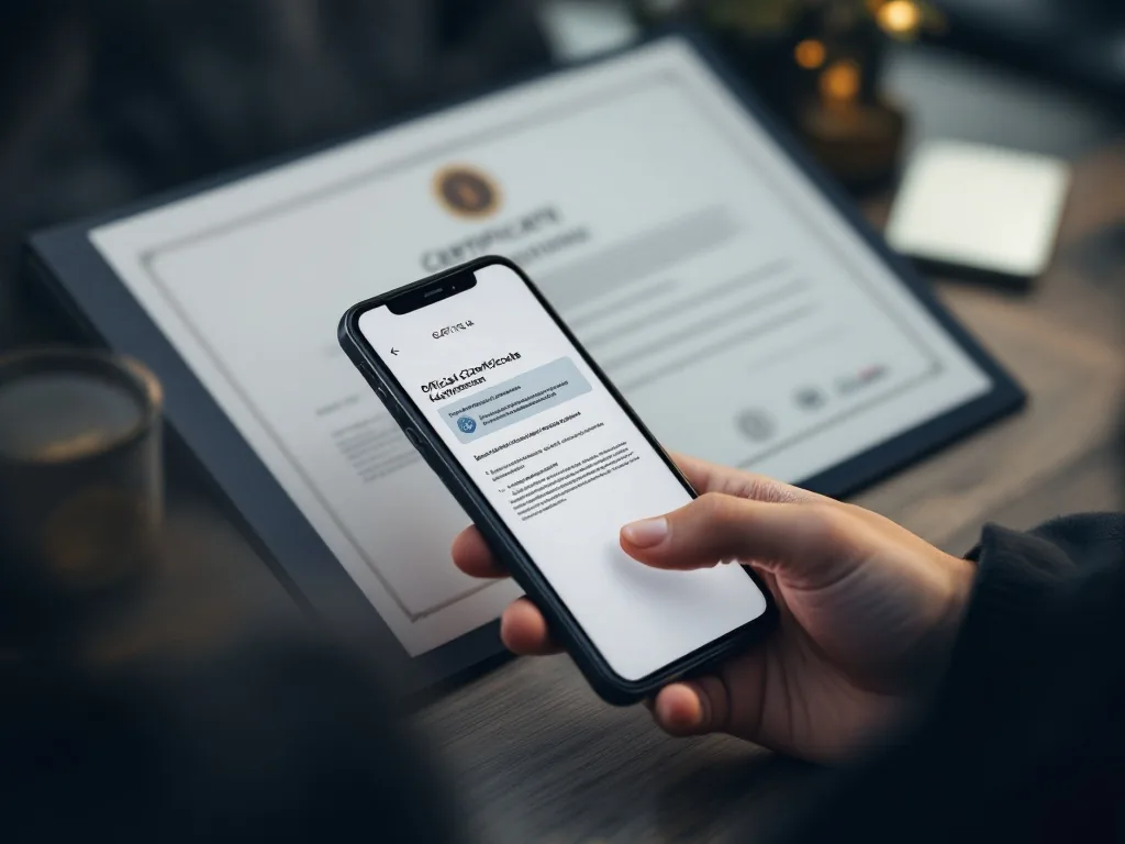 smartphone receiving official certificate notification beside seal certificate document | 인감증명서 발급사실 문자 알림 확인 | 인감증명서 발급 사실을 휴대전화 문자로 확인하는 장면