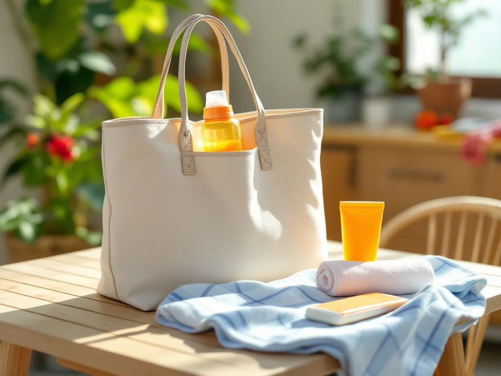 summer outing bag with water bottle sun umbrella cooling towel and sunscreen on a Korean home table, practical checklist scene, realistic photo