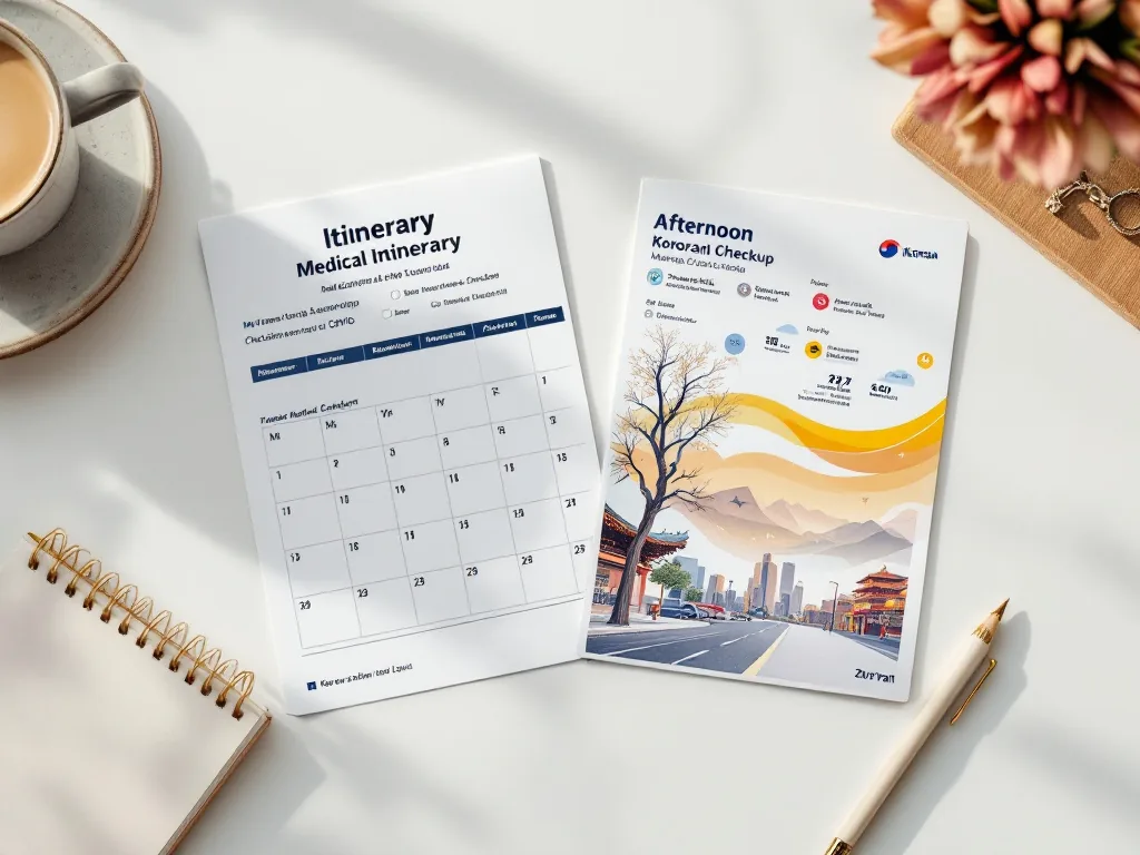 travel itinerary beside Korean medical checkup reservation form, calendar with morning clinic appointment and afternoon city walk, clean desk, realistic editorial photography, no readable text
