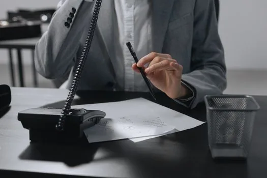 Korean adult preparing phone bill, ID card and customer service notes before calling 114 and 118, realistic safety checklist photo