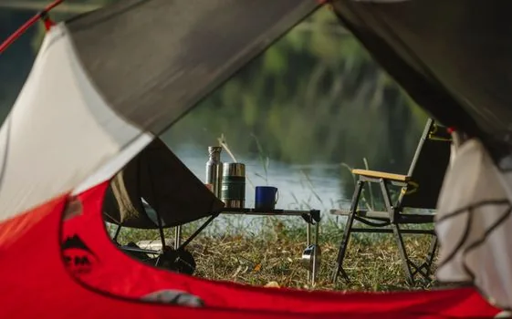 Korean camper checking campsite booking calendar on smartphone beside folded tent and national park map, bright forest picnic table, realistic travel photo