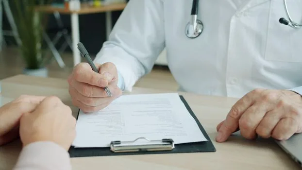 Korean patient arranging referral letter, appointment message, ID card, prescription bag before hospital visit, bright home desk, realistic editorial photo | 병원 방문 전 의뢰서와 신분증, 예약 문자를 정리하는 장면