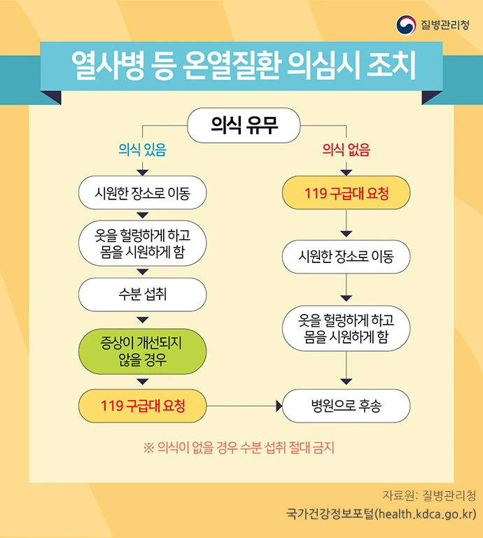 질병관리청 온열질환 의심 시 조치 방법 순서도